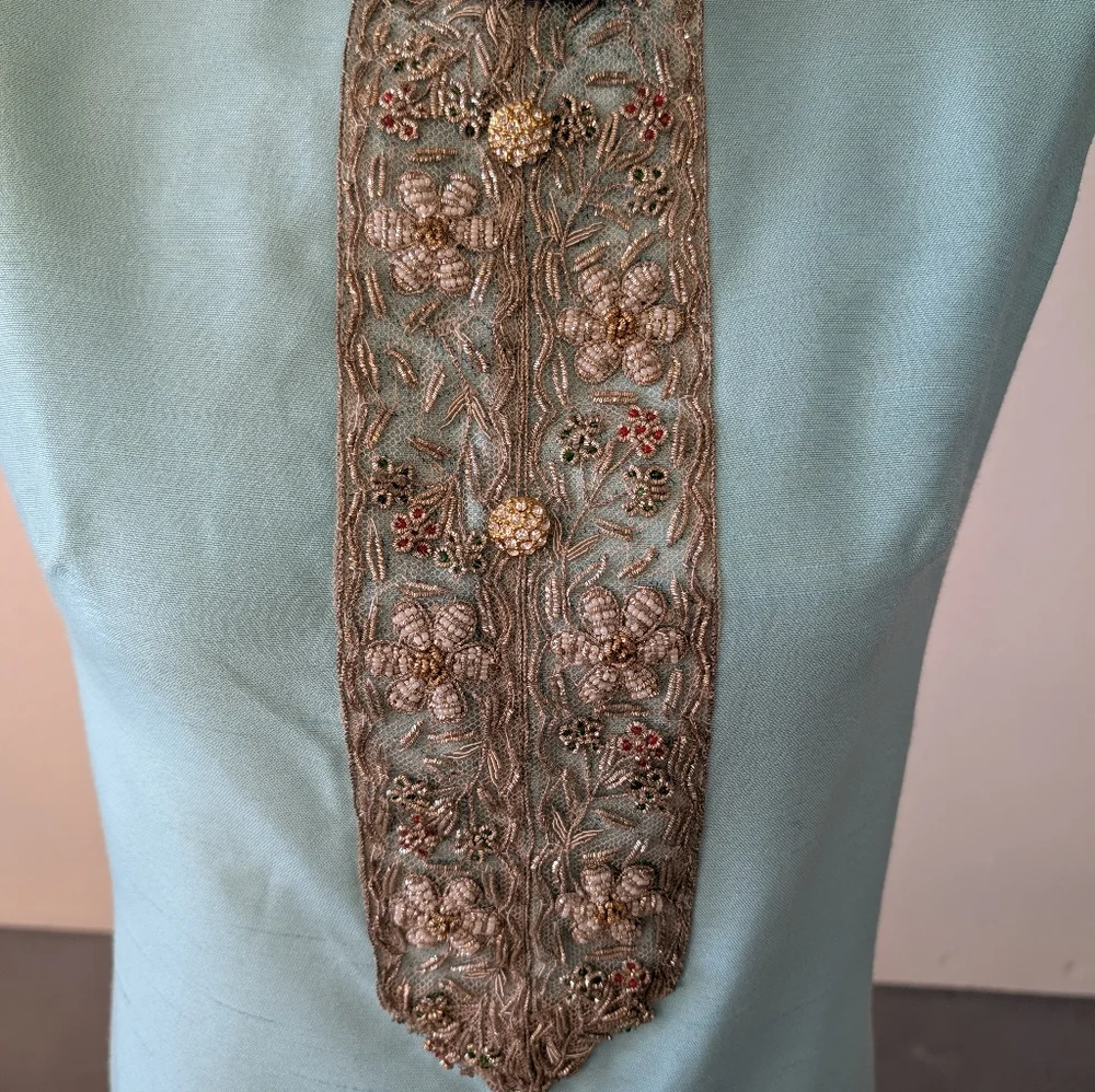 Vintage Dress Jackie Kennedy Style Blue Sleeveless  Matching Coat Silver Detail - Picture 3 of 7